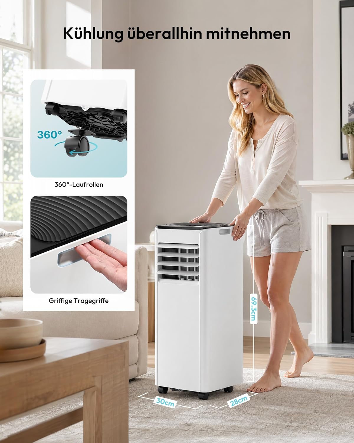 Mobile Klimaanlage 9000 BTU mit Abluftschlauch | 4-in-1 Mobiles Klimagerät | Leiser Betrieb | Digitaldisplay + Fernbedienung | Fenster-Installationsset | 24h-Timer | Fßr Räume bis 25 m²